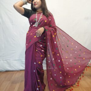 Handloom khadi saree with heart embroidery work