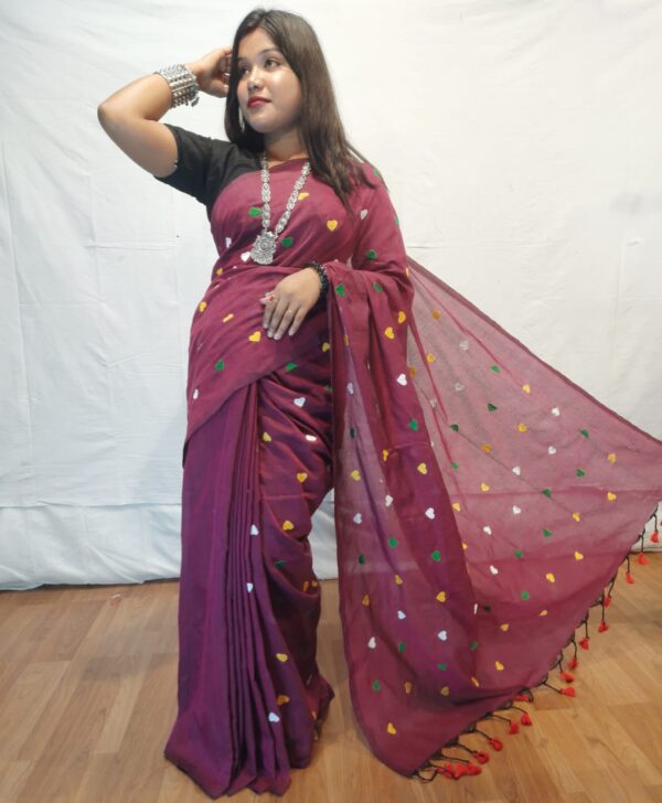 Handloom khadi saree with heart embroidery work