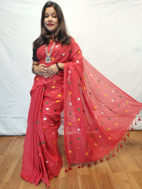 Handloom khadi saree with heart embroidery work