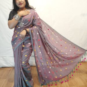 Handloom khadi saree with heart embroidery work